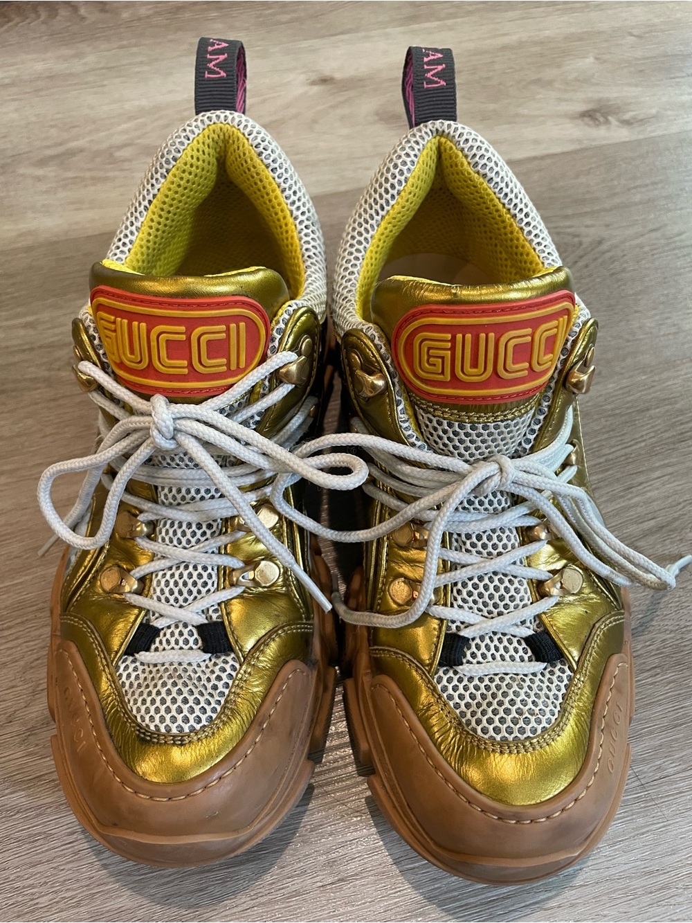 Gucci Metallic Gold, White & Tan Mesh Athletic Sneakers - Picture 2 of 13